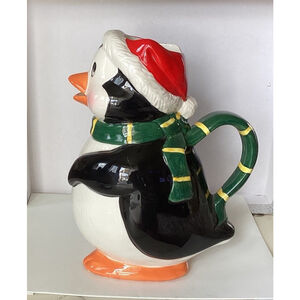 Christmas Penguin Pitcher W/Red Santa Hat & Green Winter Scarf 9” Ceramic